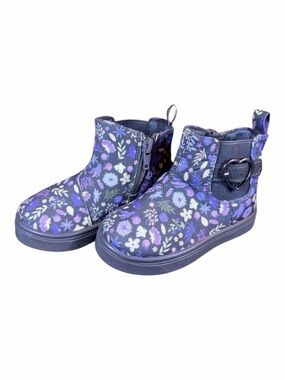 oomphies Purple Floral Toddler Ankle Boots with Heart and Buckle Accent